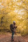 Vue latérale d'une dame en chapeau et veste de ski avec sac à dos et bâton de marche sur le sentier entre la forêt d'automne à Isoba, Castille et Léon, Espagne — Photo de stock