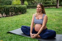 Беременная привлекательная женщина медитирует на коврике в парке — стоковое фото