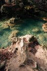 Dall'alto colpo di foglie secche autunnali che giacciono sulla costa rocciosa vicino all'acqua dolce e trasparente dello stagno in Navarra, Spagna — Foto stock