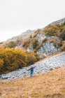 Visão traseira de uma pessoa com mochila no prado, céu nublado e vista sobre montanhas com floresta em Isoba, Castela e Leão, Espanha — Fotografia de Stock