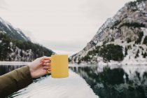 Crop hand of human holding jaune mug near amazing view of water surface between high mountains with trees in snow and cloudy heaven in Pyrenees — Photo de stock