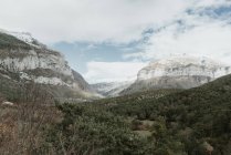 Malerischer Blick auf das Tal mit Nadelwäldern und wunderschönen Bergen im Schnee in den Pyrenäen — Stockfoto