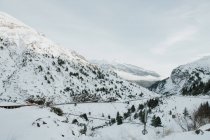 Pintoresca vista de las altas montañas con árboles en la nieve en los Pirineos - foto de stock