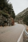 Landweg durch ein Tal mit Wäldern und wunderschönen Bergen in den Pyrenäen — Stockfoto