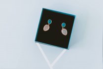 Dall'alto meravigliosi orecchini costosi in scatola blu su sfondo grigio — Foto stock