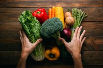 Menschenhände und frisches rohes Gemüse auf Holztisch — Stockfoto