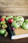 Bando de maçãs maduras e ameixa pequena em velho livro gasto em mesa de madeira . — Fotografia de Stock