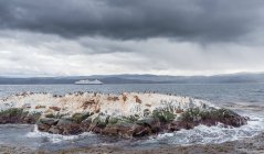 Blick auf eine raue Insel im wogenden Meer an einem bewölkten Tag in Argentinien — Stockfoto