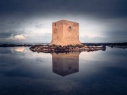 Magnífica vista da antiga Torre de Tamarit refletindo sobre a superfície tranquila do lago em dia nublado em Santa Pola, Espanha — Fotografia de Stock