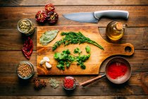 From above various spices and bottle of oil placed on timber tabletop near sharp knife — Stock Photo