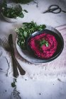 Hummus di barbabietola fatto in casa sul piatto con erbe — Foto stock