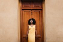 Hinreißende schwarze Frau im Kleid posiert vor Holztür auf der Straße — Stockfoto