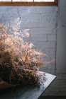 Concept de bouquet de brindilles de conifères sèches en papier artisanal sur table près des tabourets dans une chambre grise sombre aux murs de briques — Photo de stock