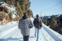 Back view of males walking on countryside walkway between mountains in snow in Cerdanya, France — Stock Photo