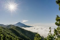 Schöne Aussicht auf Hügel mit grünem Wald und Wolken im Sonnenlicht — Stockfoto