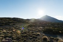 Pittoresca vista sul deserto asciutto stretta strada terra e colline lontane in giornata senza nuvole — Foto stock