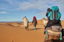 Visão traseira de camelos e pessoas que vão entre terras de areia no deserto em Marraquexe, Marrocos — Fotografia de Stock
