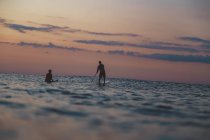 Вид сзади силуэтов мальчишек с насадкой на доску для серфинга между морской водой и небом вечером на бали, индоне — стоковое фото