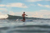 Vista trasera del macho remando sobre tabla de surf entre el agua del mar y el cielo azul en Bali, Indonesia - foto de stock