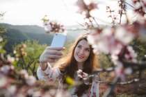 Senhora alegre atraente que toma selfie com telefone celular perto de árvore de fruto florescente na natureza — Fotografia de Stock