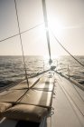Sitze auf der Nase eines teuren Bootes, das an sonnigen Tagen auf dem Meer schwimmt — Stockfoto