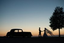 Vista lateral de las siluetas de los recién casados tomados de la mano cerca del automóvil retro en la orilla y el cielo azul en la noche - foto de stock