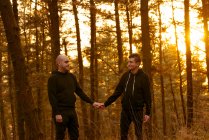 Homosexual couple holding hands and walking on way in forest at sunset — Stock Photo