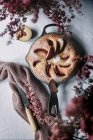 From above fresh cooked sugar plum cake in cooking pan on a table — Stock Photo