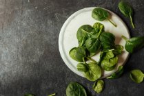 Свіжі листя шпинату на білій тарілці на сірій поверхні — стокове фото