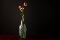 Fiori rosa collocati in elegante vaso di vetro su un tavolo di legno su sfondo marrone scuro — Foto stock