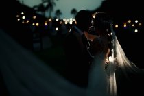Vista lateral de recém-casados abraçando no parque com luzes iluminadas à noite no fundo embaçado — Fotografia de Stock