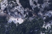 Вид зверху на жінку, що йде між скелястими горами з зеленими рослинами — стокове фото
