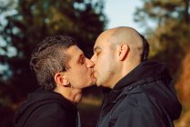 Coppia omosessuale baciare sul sentiero nella foresta in giornata di sole — Foto stock