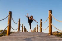 Junge Ballerina in schwarzer Kleidung mit hochgestrecktem Bein in der Luft auf einem Steg und blauem Himmel bei sonnigem Tag — Stockfoto