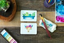 Aquarela mexicana, cacto e gado pinturas de vacas. — Fotografia de Stock