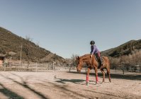 Young female in helmet riding wonderful horse in enclosure against cloudless blue sky during lesson on ranch — Stock Photo