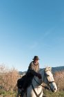 Старий в капелюсі дивиться в сторону і сидить на красивому коні проти безхмарного блакитного неба на лузі — стокове фото