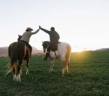Vue arrière de l'homme et de la femme chevauchant des chevaux et se donnant cinq contre le coucher du soleil sur le ranch — Photo de stock