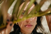 Крупним планом чуттєва молода жінка дивиться через зелений лист тропічної долоні — стокове фото