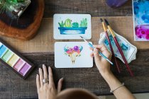 Mexican watercolor, cactus and cattle cow paintings. — Stock Photo