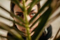 Крупним планом чуттєва молода жінка дивиться на камеру через зелений лист тропічної долоні — стокове фото