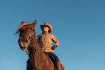 Frau mit Hut schaut weg und sitzt auf schönem Pferd vor wolkenlosem blauen Himmel auf der Wiese — Stockfoto