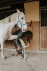 Fabbro irriconoscibile con strumento manuale per misurare zoccolo di cavallo bianco vicino alla stalla — Foto stock