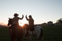 Rückansicht von Mann und Frau, die Pferde reiten und sich vor Sonnenuntergang auf einer Ranch gegenseitig hoch fünf geben — Stockfoto