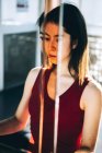 Concentrated ballerina reflecting in mirror — Stock Photo