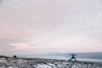 Mujer rubia ejercitándose en la costa nevada en la naturaleza - foto de stock