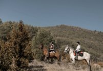 Personas montando caballos en cala tranquila en un día soleado en el increíble campo de otoño durante la lección - foto de stock