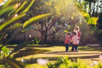 Три милі маленькі дівчата грають і тримають руки в колі на сонячний день в парку — стокове фото