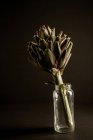 Alcachofra madura fresca em frasco de vidro contra fundo preto — Fotografia de Stock