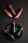 Conjunto de berinjelas maduras frescas com placa na mesa preta — Fotografia de Stock
